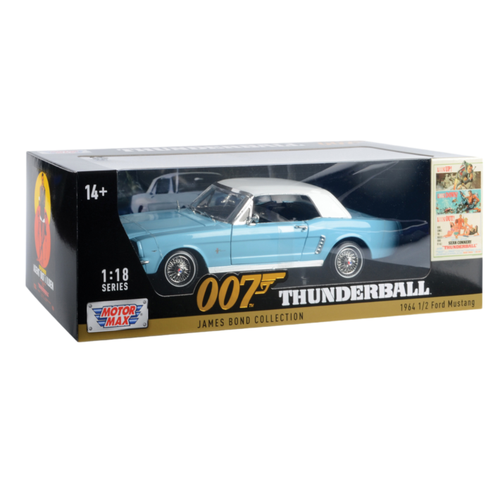 1964 1/2 Ford Mustang James Bond diecast model car in 1:18 scale from Goldfinger, part of the James Bond Collection.