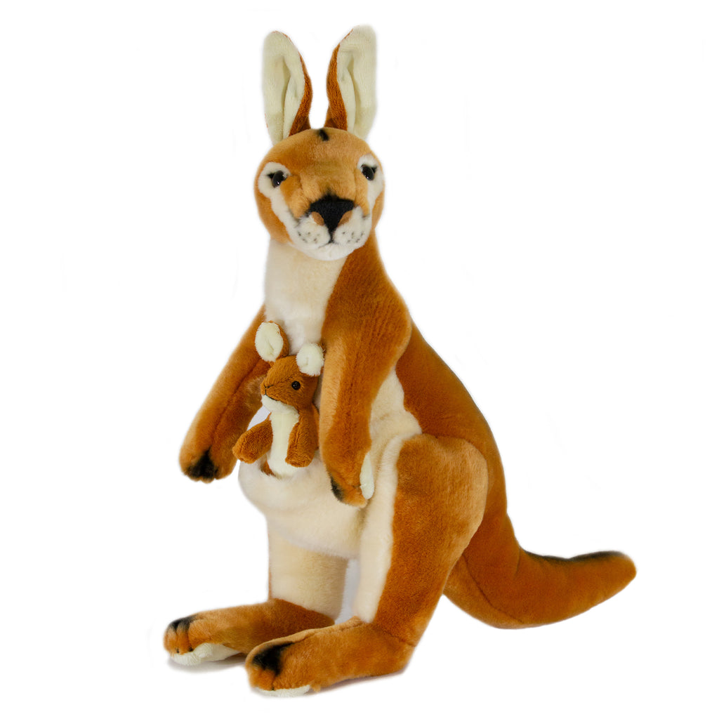Dodger the red Kangaroo with Joey. 40cm Standing realistic plush animals from Bocchetta.