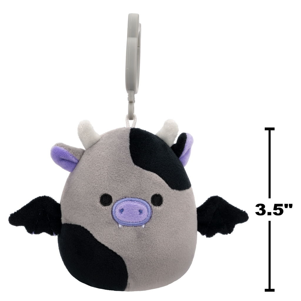 Bridgette the Grey & Black Cow Bat for Halloween 2024. 3.5 inch plush clip keychain Squishmallow.