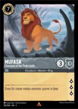Disney Lorcana: Into the Inklands set 3. Mufasa "Champion of the Pride Lands" rare trading card.