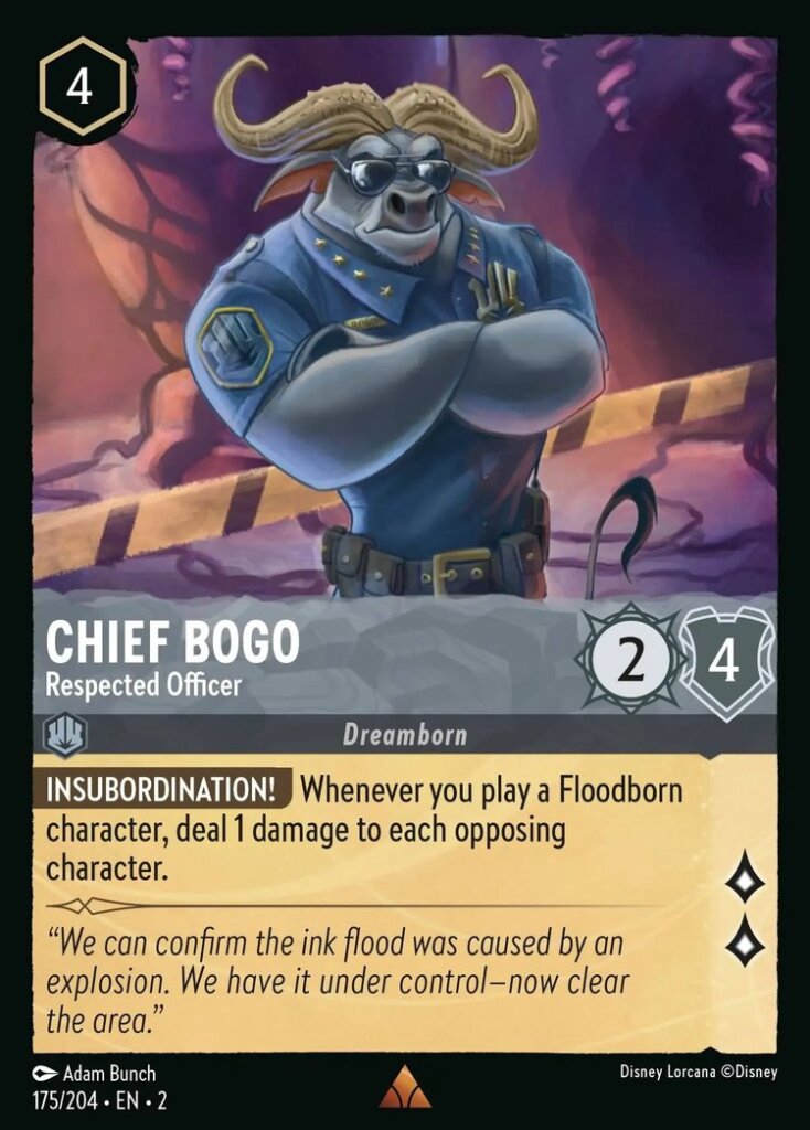 Disney Lorcana Set 2 Rise of the Floodborn. Chief Bogo "Respected Officer" rare trading card.