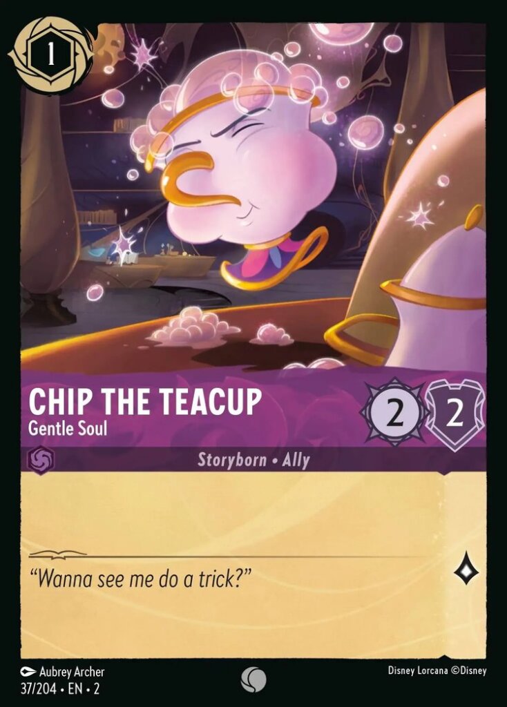 Disney Lorcana Set 2 Rise of the Floodborn. Chip the Teacup "Gentle Soul" common trading card.