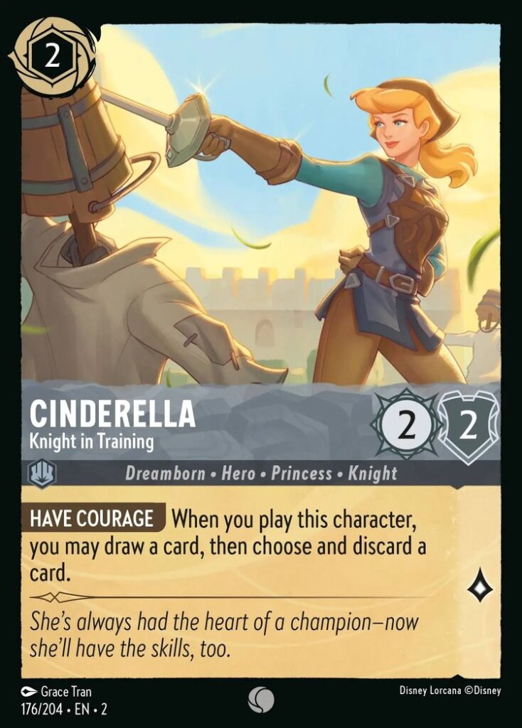 Disney Lorcana Set 2 Rise of the Floodborn. Cinderella "Knight in Training" common trading card.