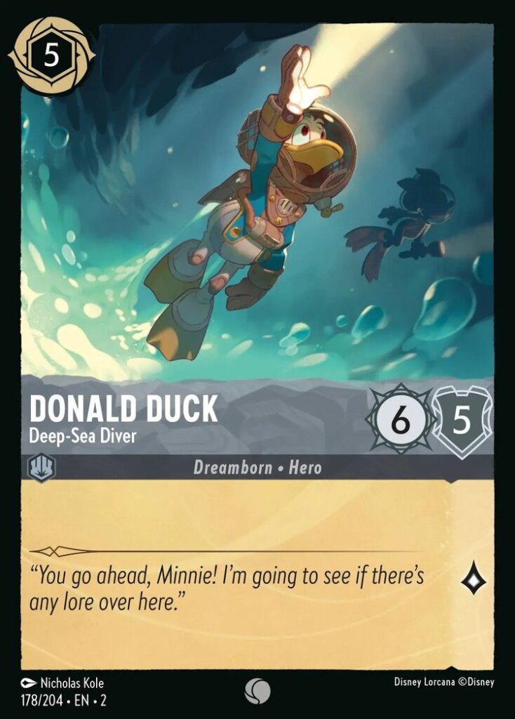 Disney Lorcana Set 2 Rise of the Floodborn. Donald Duck "Deep-Sea Diver" common trading card.
