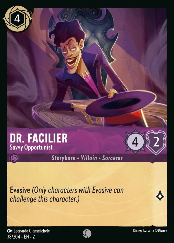 Disney Lorcana Set 2 Rise of the Floodborn. Dr Facilier "Savvy Opportunist" common trading card.