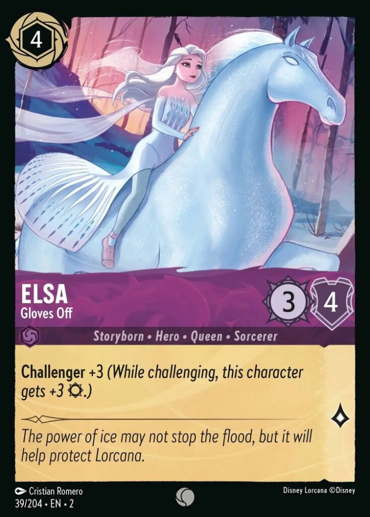 Disney Lorcana Set 2 Rise of the Floodborn. Elsa "Gloves Off" common trading card.