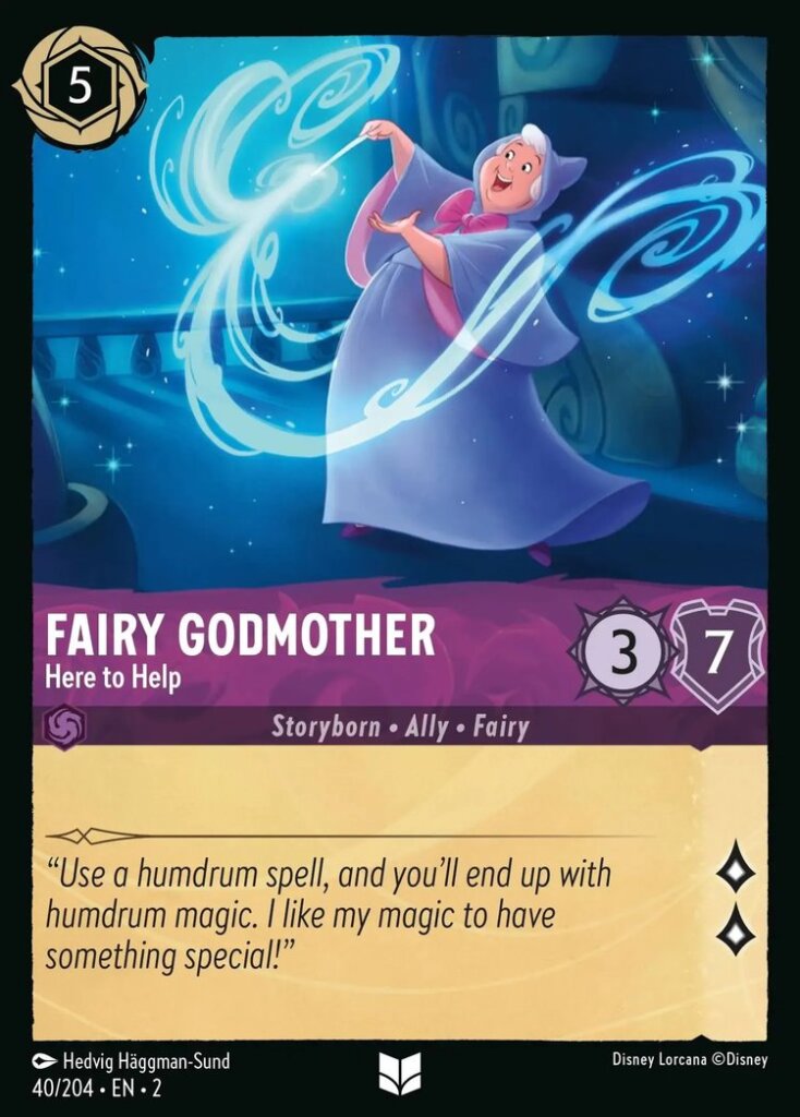 Disney Lorcana Set 2 Rise of the Floodborn. Fairy Godmother "Here to Help" uncommon trading card.