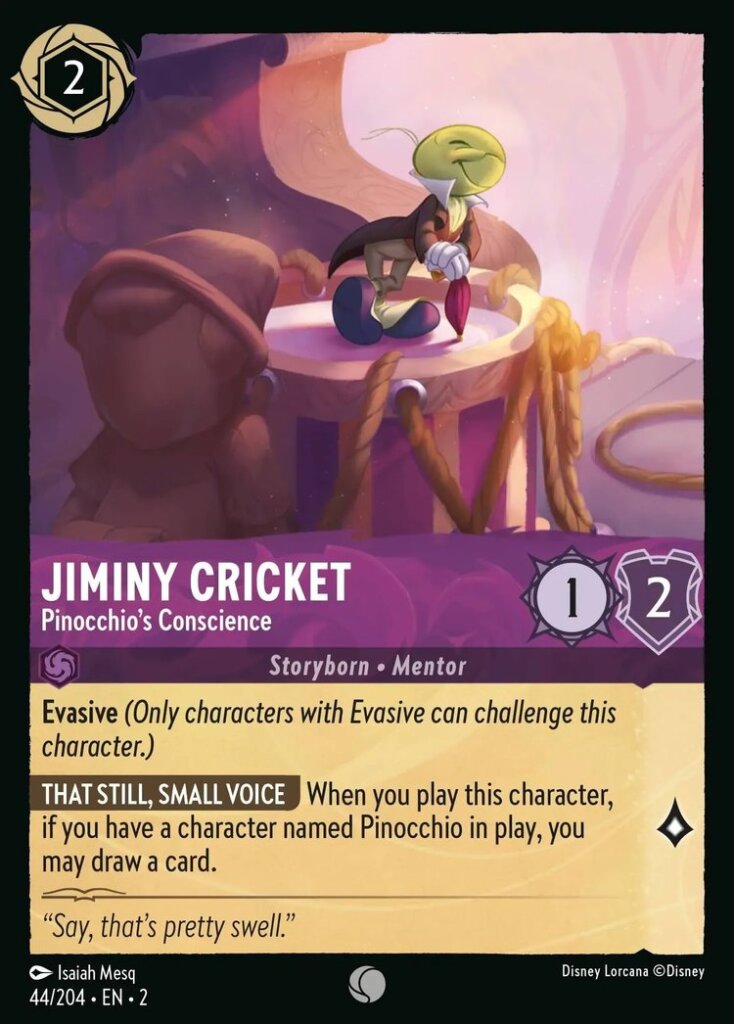 Disney Lorcana Set 2 Rise of the Floodborn. Jiminy Cricket "Pinocchio's Conscience" common trading card.