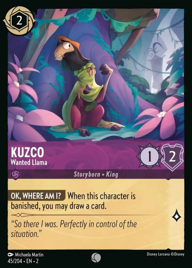 Disney Lorcana Set 2 Rise of the Floodborn. Kuzco "Wanted Llama" common trading card.