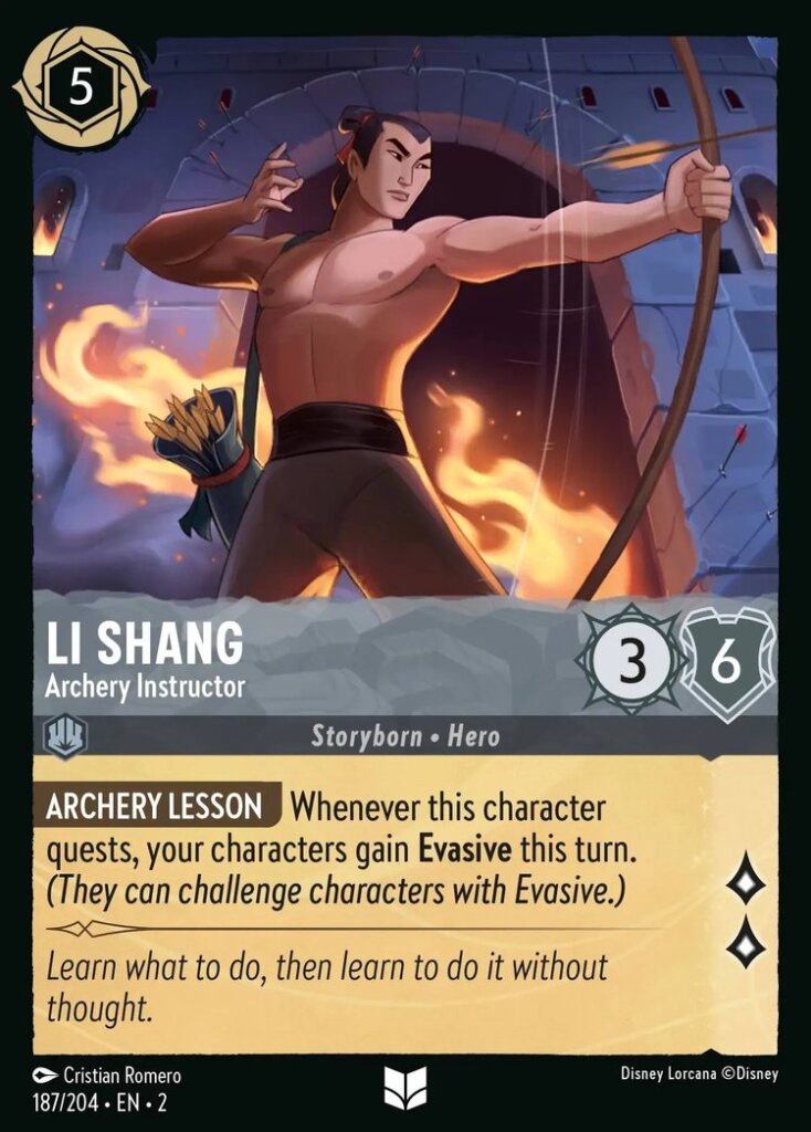 Disney Lorcana Set 2 Rise of the Floodborn. Li Shang "Archery Instructor" uncommon trading card.