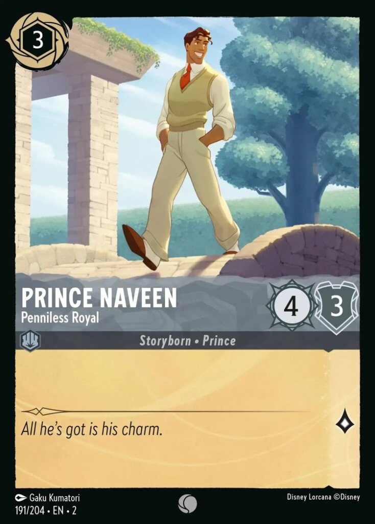 Disney Lorcana Set 2 Rise of the Floodborn. Prince Naveen "Penniless Royal" common trading card.