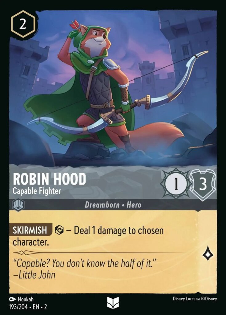 Disney Lorcana Set 2 Rise of the Floodborn. Robin Hood "Capable Fighter" uncommon trading card.