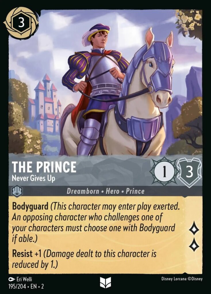 Disney Lorcana Set 2 Rise of the Floodborn. The Prince "Never Gives Up" uncommon card.