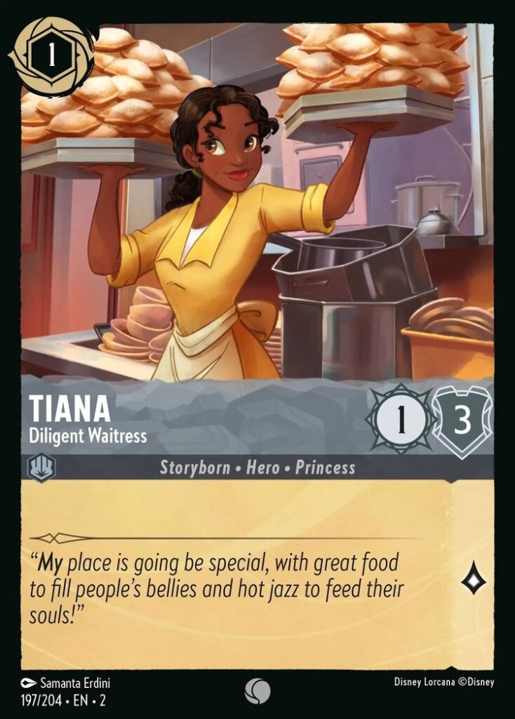 Disney Lorcana Set 2 Rise of the Floodborn. Tiana "Diligent Waitress" common card.