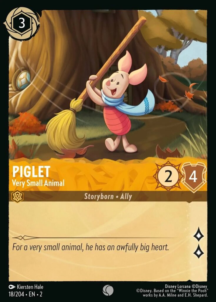 Disney Lorcana Set 2 Rise of the Floodborn. Piglet "Very Small Animal" common trading card.