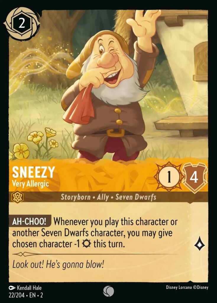 Disney Lorcana Set 2 Rise of the Floodborn. Sneezy "Very Allergic" common trading card.