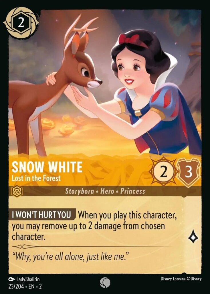 Disney Lorcana Set 2 Rise of the Floodborn.Snow White "Lost in the Forest" common trading card.