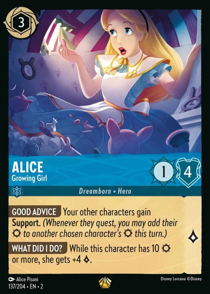 Disney Lorcana Set 2 Rise of the Floodborn. Alice "Growing Girl" legendary trading card.