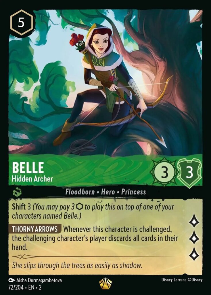 Disney Lorcana Set 2 Rise of the Floodborn. Belle "Hidden Archer" legendary trading card.