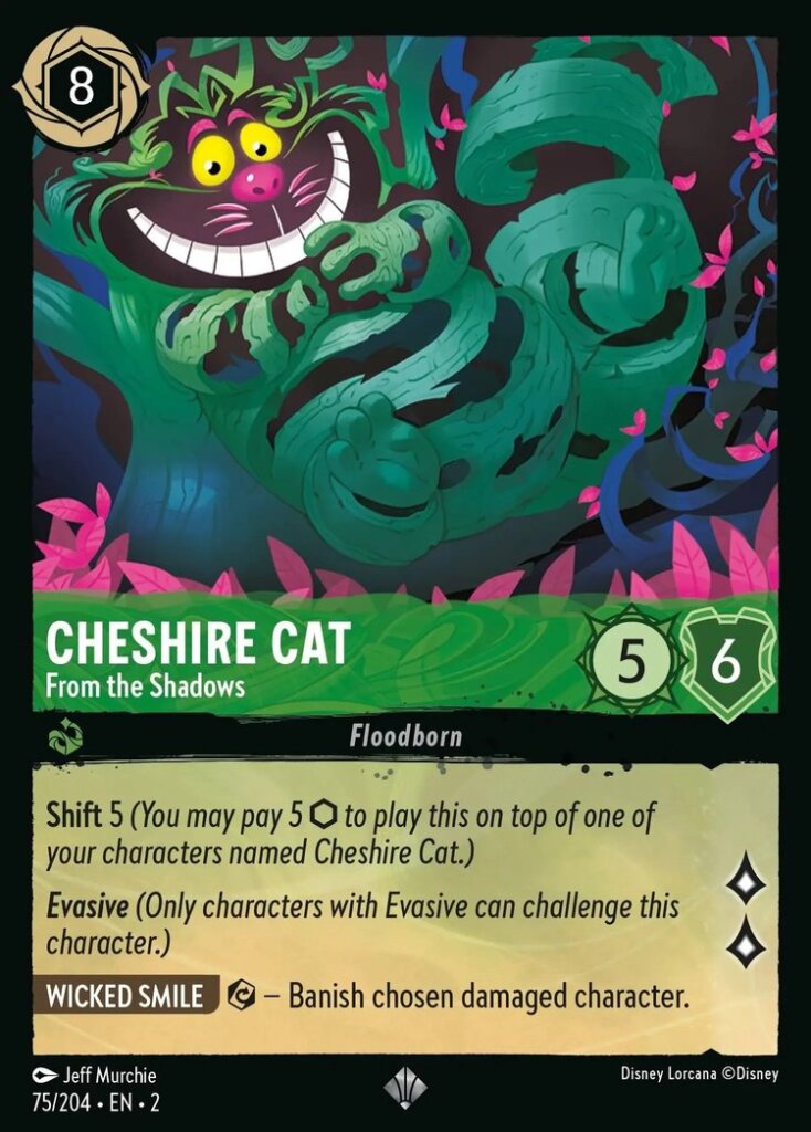 Disney Lorcana Set 2 Rise of the Floodborn. Cheshire Cat "From the Shadows" super rare trading card.