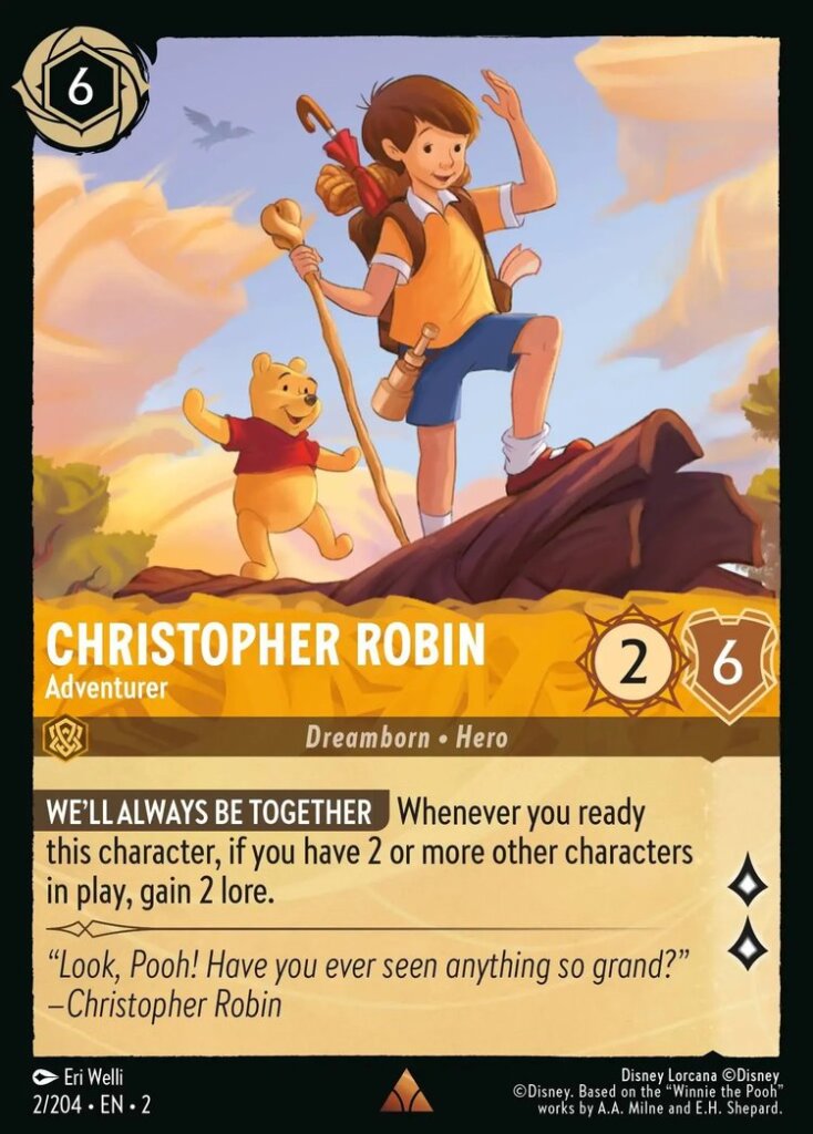 Disney Lorcana Set 2 Rise of the Floodborn. Christopher Robin "Adventurer" rare trading card.