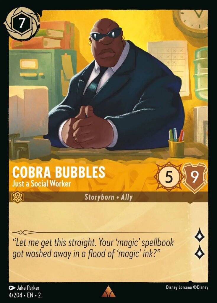 Disney Lorcana Set 2 Rise of the Floodborn. Cobra Bubbles "Just a Social Worker" rare trading card.