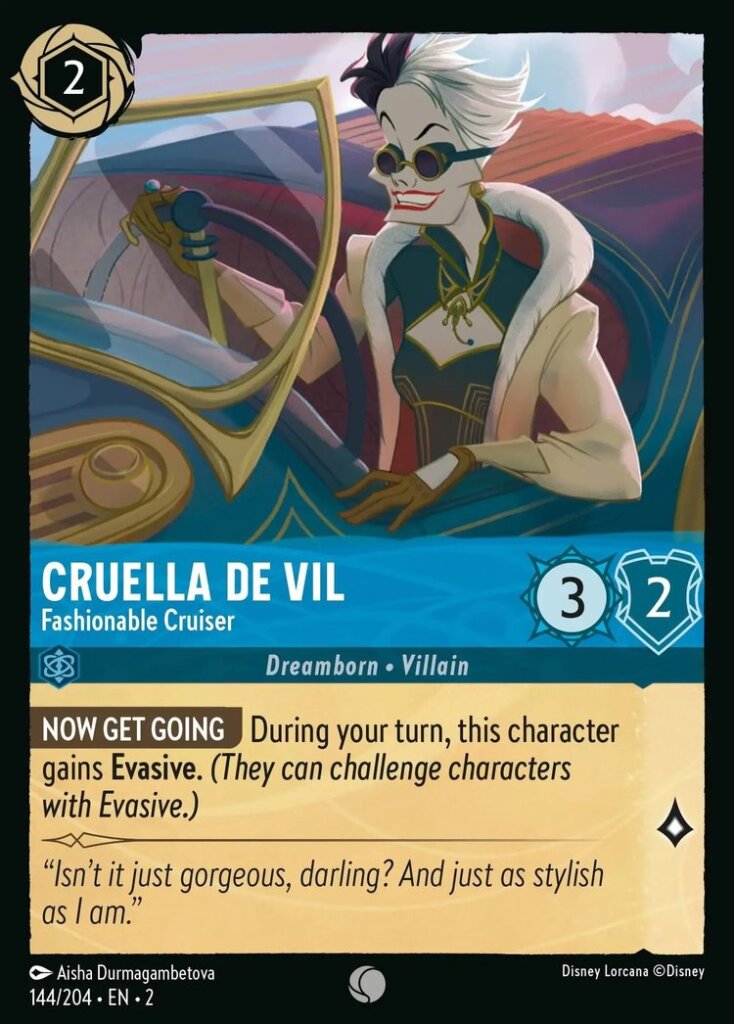 Disney Lorcana Set 2 Rise of the Floodborn. Cruella De Vil "Fashionable Cruiser" common trading card.