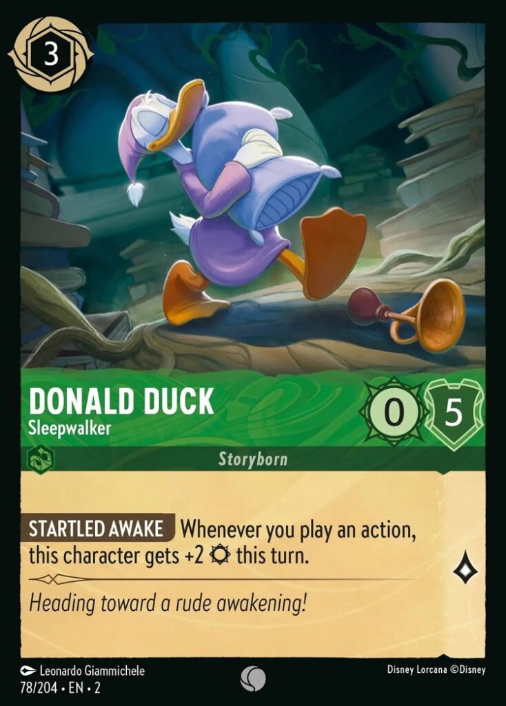 Disney Lorcana Set 2 Rise of the Floodborn. Donald Duck "Sleepwalker" common trading card.