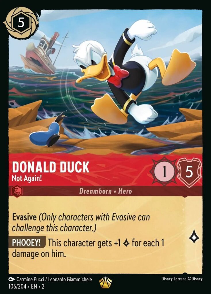 Disney Lorcana Set 2 Rise of the Floodborn. Donald Duck "Not Again!" legendary trading card.