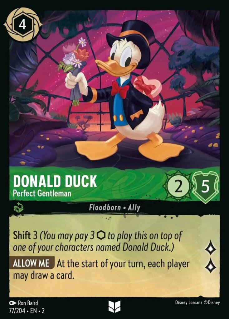 Disney Lorcana Set 2 Rise of the Floodborn. Donald Duck "Perfect Gentleman" uncommon trading card.