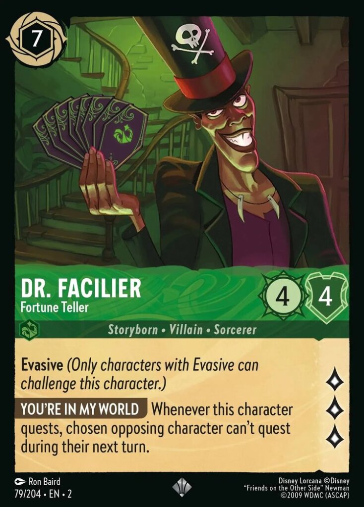 Disney Lorcana Set 2 Rise of the Floodborn. Dr Facilier "Fortune Teller" super rare trading card.