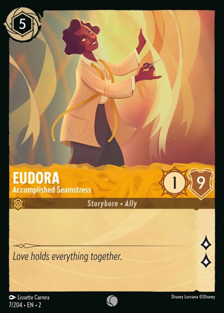 Disney Lorcana Set 2 Rise of the Floodborn. Eudora "Accomplished Seamstress" common trading card.