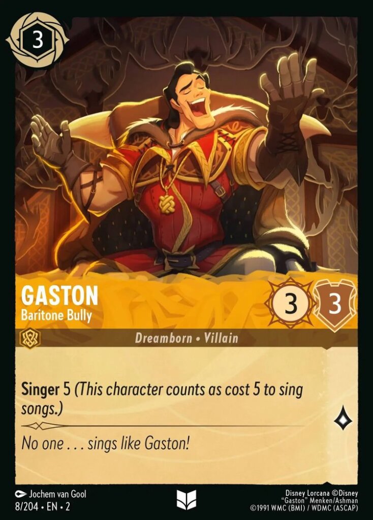 Disney Lorcana Set 2 Rise of the Floodborn. Gaston "Baritone Bully" uncommon trading card.