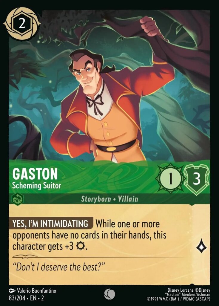 Disney Lorcana Set 2 Rise of the Floodborn. Gaston "Scheming Suitor" common trading card.