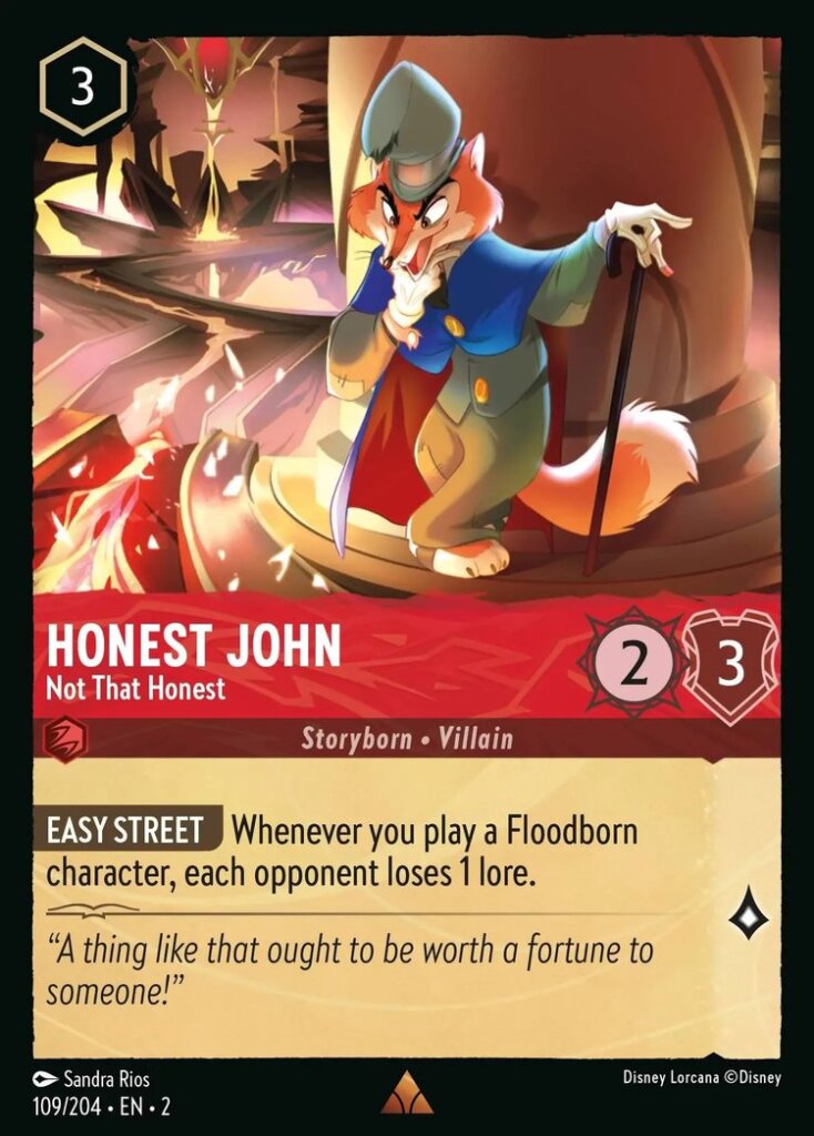 Disney Lorcana Set 2 Rise of the Floodborn. Honest John "Not That Honest" rare trading card.