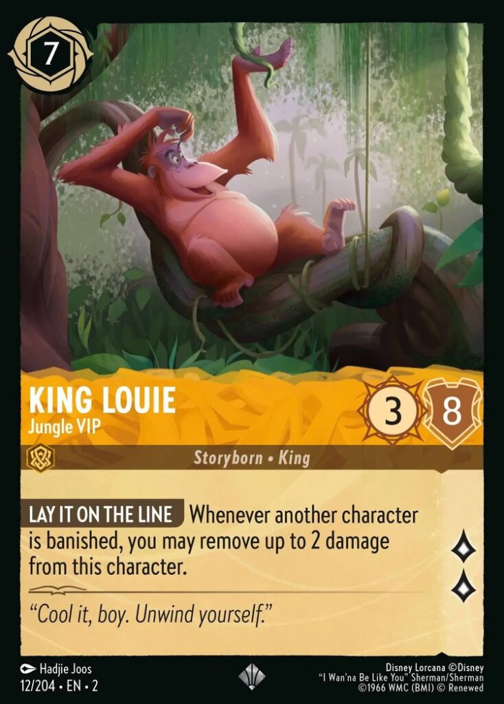 Disney Lorcana Set 2 Rise of the Floodborn. King Louie "Jungle VIP" super rare trading card.