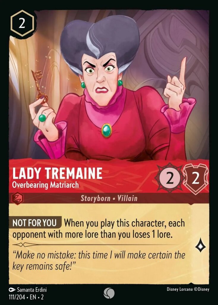 Disney Lorcana Set 2 Rise of the Floodborn. Lady Tremaine "Overbearing Matriarch" common trading card.