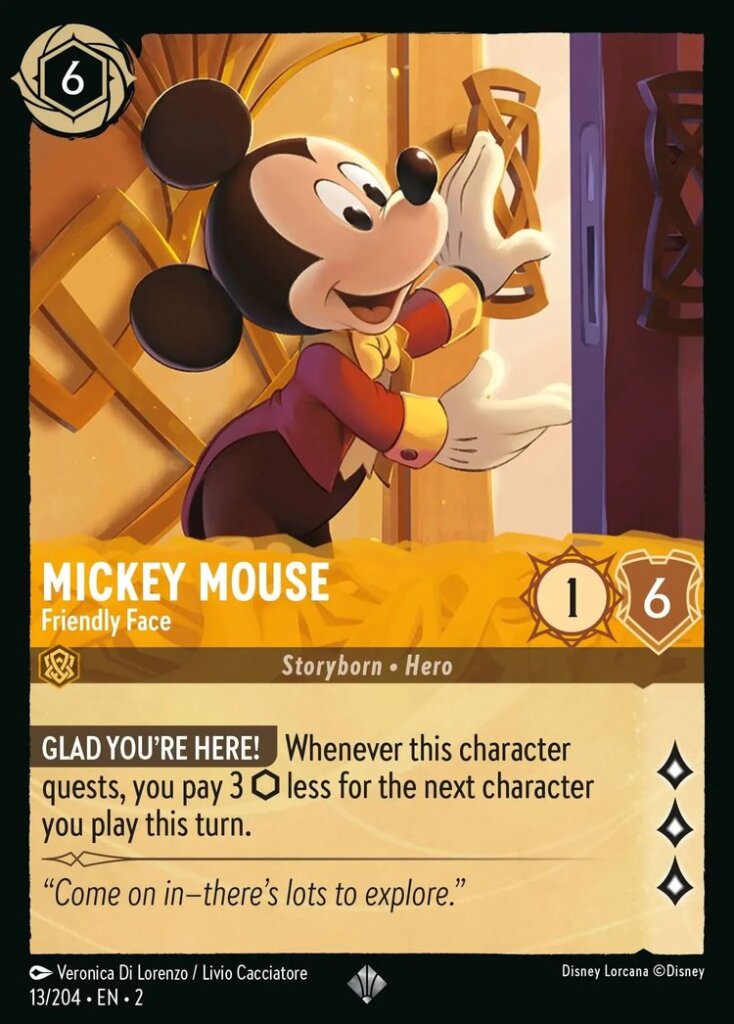 Disney Lorcana Set 2 Rise of the Floodborn. Mickey Mouse "Friendly Face" Super Rare trading card.