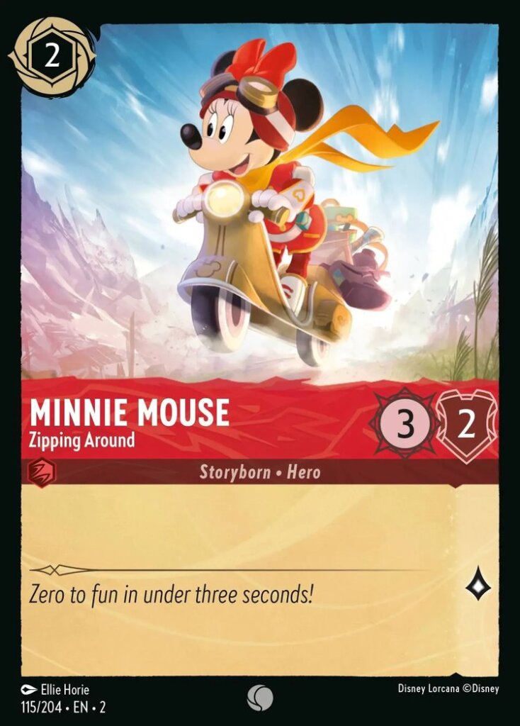 Disney Lorcana Set 2 Rise of the Floodborn. Minnie Mouse "Zipping Around" common trading card.