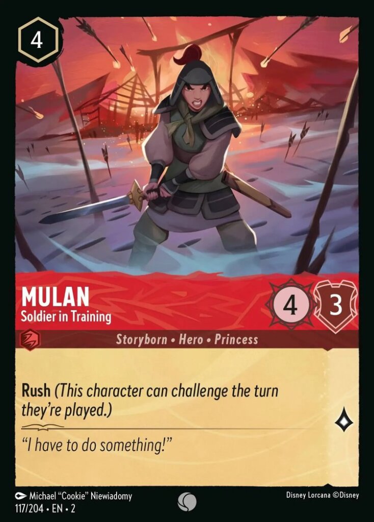 Disney Lorcana Set 2 Rise of the Floodborn. Mulan "Soldier in Training" common trading card.