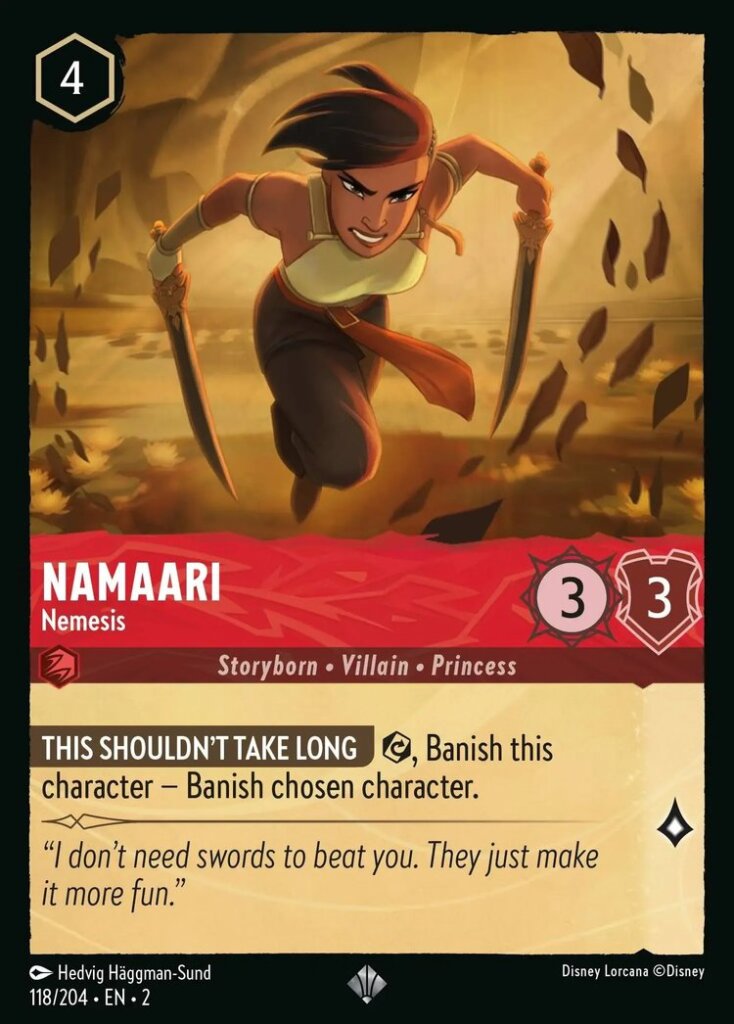 Disney Lorcana Set 2 Rise of the Floodborn. Namaari "Nemesis" super rare trading card.