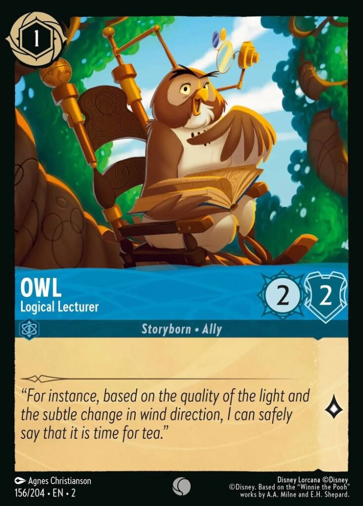 Disney Lorcana Set 2 Rise of the Floodborn. Owl "Logical Lecturer" common trading card.
