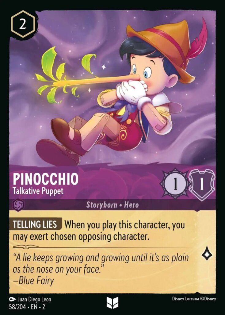 Disney Lorcana Set 2 Rise of the Floodborn. Pinocchio "Talkative Puppet" uncommon trading card.