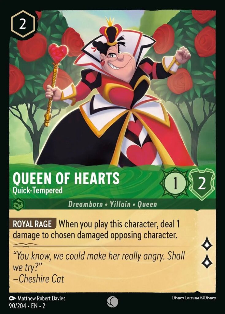 Disney Lorcana Set 2 Rise of the Floodborn. Queen of Hearts "Quick Tempered" common trading card.