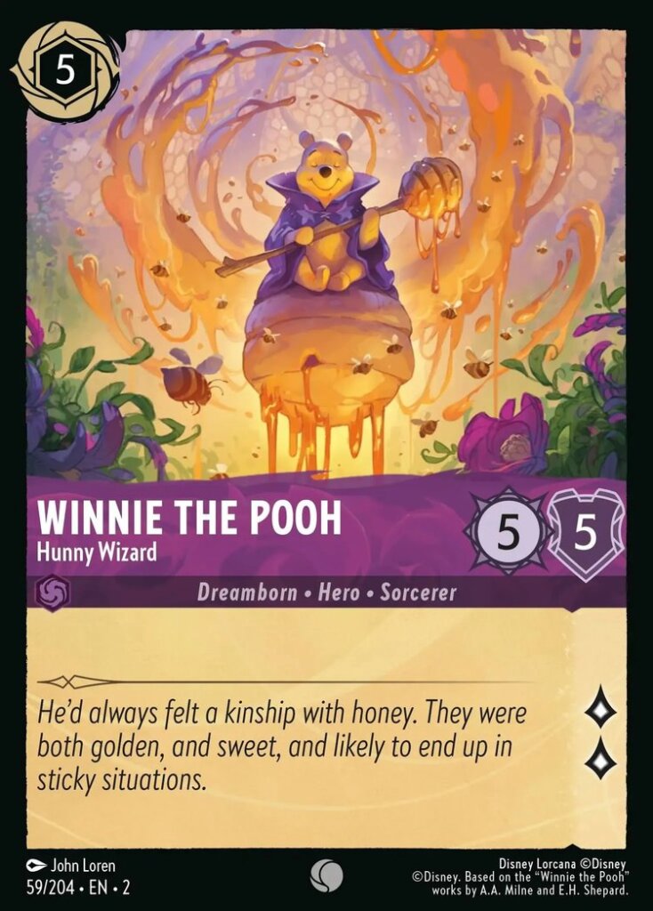 Disney Lorcana Set 2 Rise of the Floodborn. Winnie the Pooh "Hunny Wizard" common trading card.