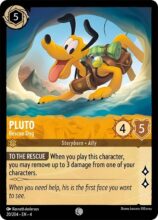 Disney Lorcana set 4 Ursula's Return. Pluto "Rescue Dog" common trading card.