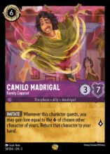 Disney Lorcana set 5 Shimmering Skies. Camilo Madrigal "Family Copycat" legendary trading card.