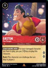 Disney Lorcana set 5 Shimmering Skies. Gaston "Pure Paragon" rare trading card.