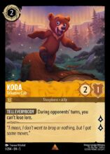 Disney Lorcana set 5 Shimmering Skies. Koda "Talkative Cub" rare trading card.