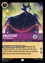 Disney Lorcana set 5 Shimmering Skies. Maleficent "Vexed Partygoer" uncommon trading card.